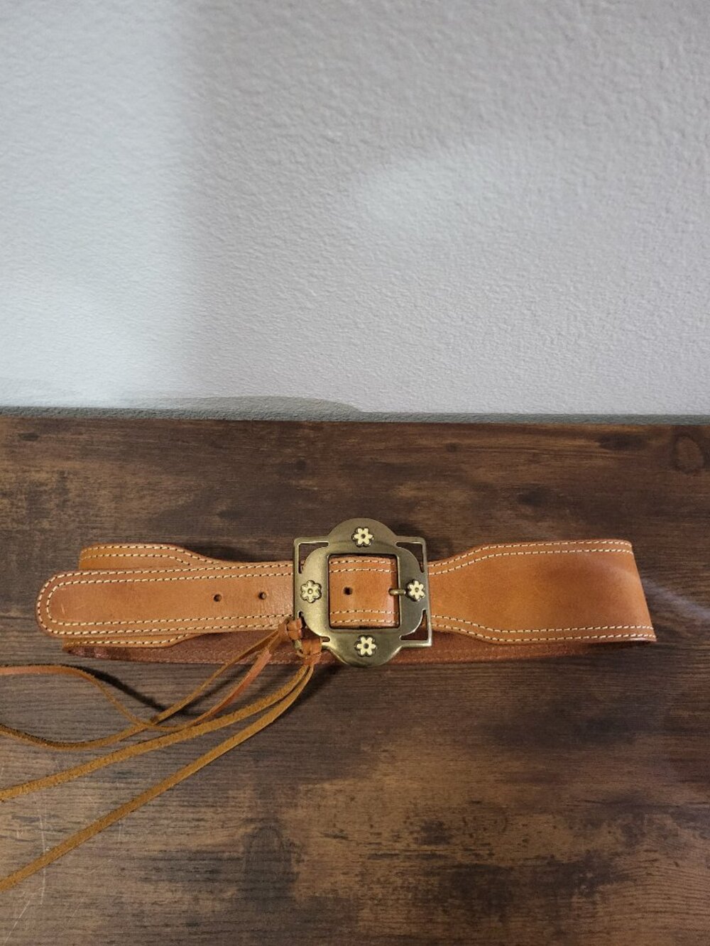 Linea Pelle Wide Cognac Leather Belt Brass Flower Buckle Tassel Boho Handmade S